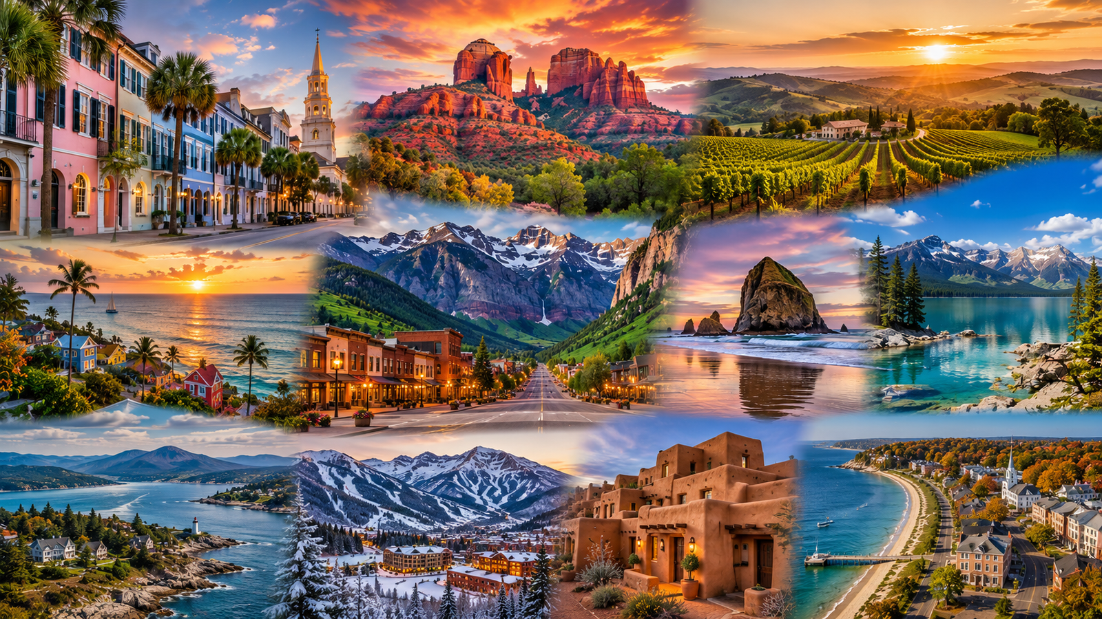Best weekend getaways in the USA featuring Charleston, Sedona, Napa Valley, Lake Tahoe, Key West, Aspen, Cannon Beach, and Telluride with mountains, beaches, vineyards, and historic towns.