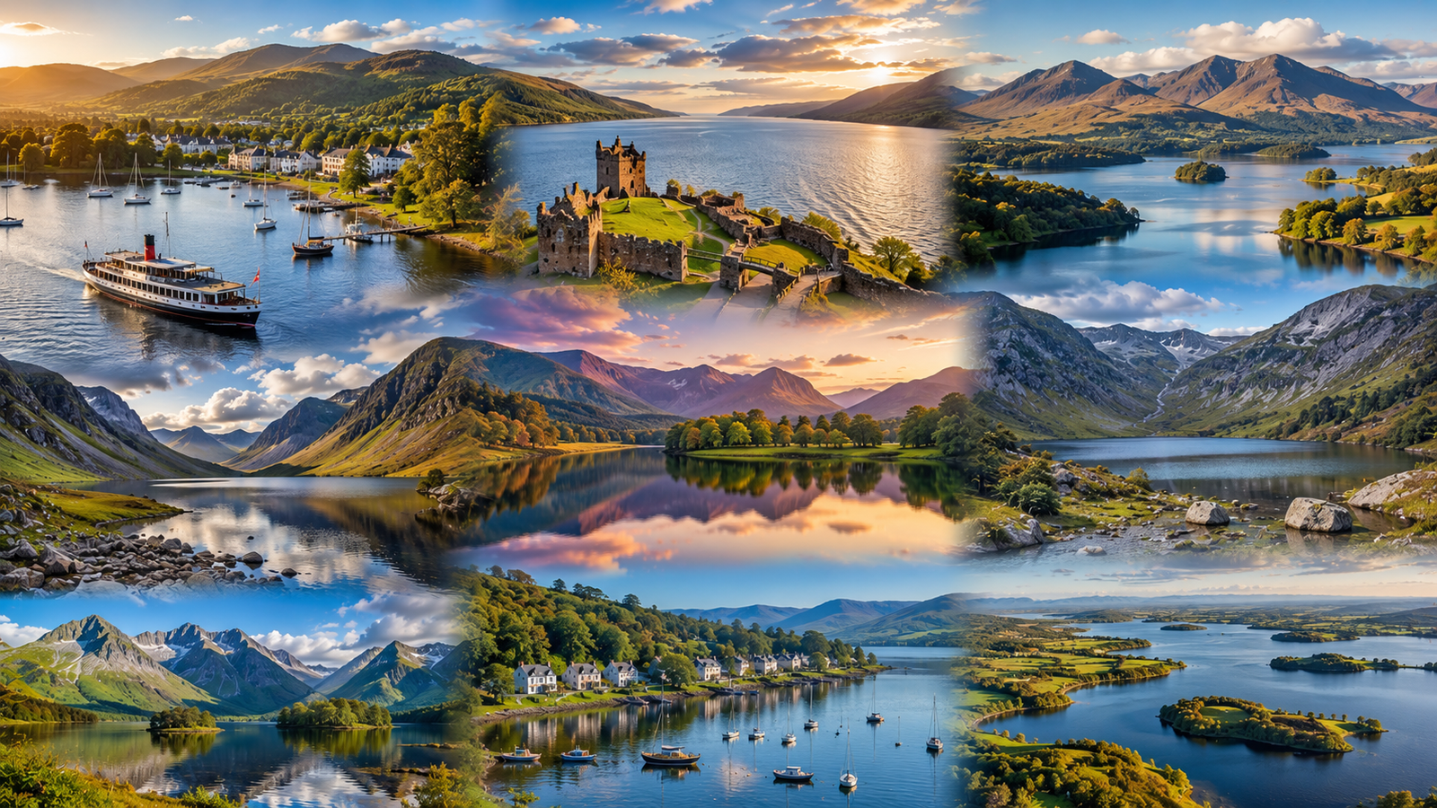 Most beautiful lakes in the UK featuring Lake Windermere, Loch Ness, Loch Lomond, Derwentwater, Wast Water, Llyn Padarn, and Lough Neagh surrounded by mountains, forests, and picturesque countryside.