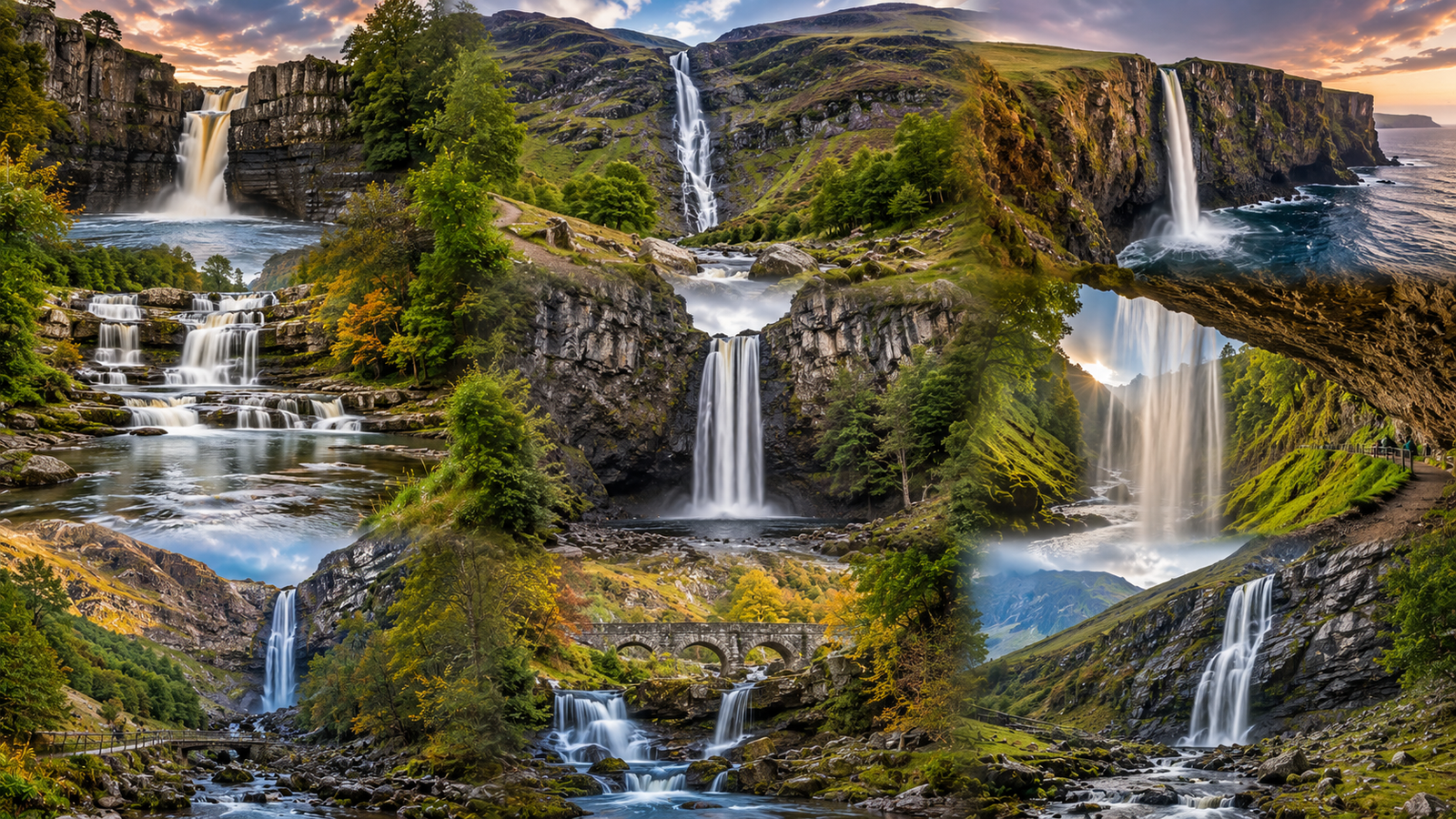 Most beautiful waterfalls in the UK featuring High Force, Steall Falls, Pistyll Rhaeadr, Mealt Falls, Aber Falls, and Sgwd yr Eira surrounded by mountains, forests, rivers, and dramatic landscapes.