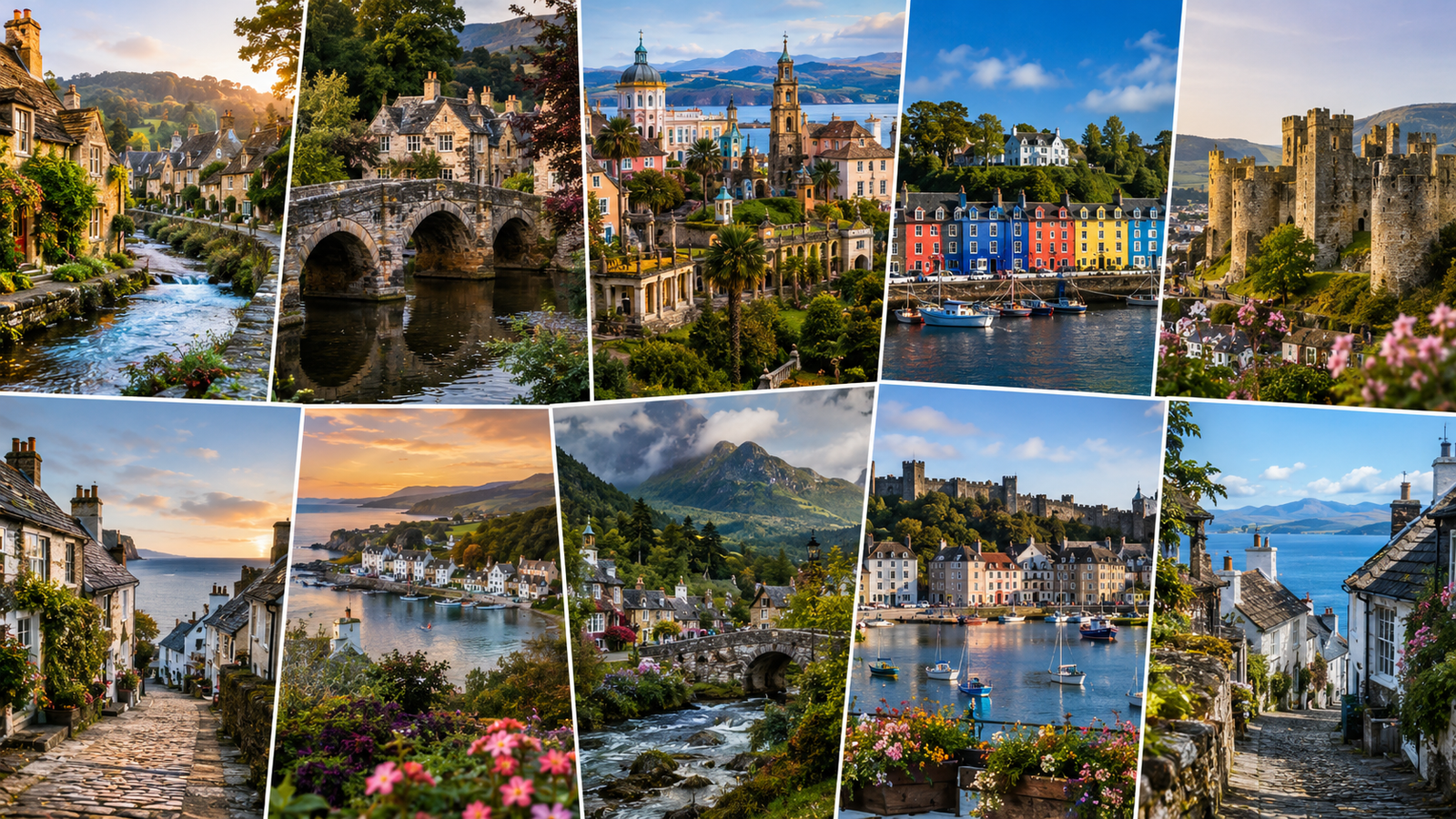 Best small towns in the UK featuring Bibury, Castle Combe, Portmeirion, Tobermory, Conwy, and Clovelly with picturesque streets, historic cottages, castles, and scenic coastal landscapes.