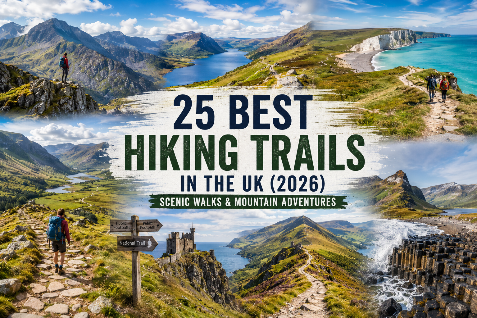 Best hiking trails in the UK featuring West Highland Way, Ben Nevis, Snowdon (Yr Wyddfa), Quiraing, Seven Sisters Cliffs, Scafell Pike, and Giant's Causeway with dramatic mountains, coastal cliffs, and scenic walking trails.