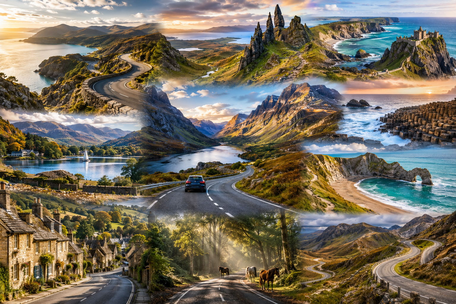 Scenic road trip through the UK featuring the North Coast 500, Glencoe, Isle of Skye, Jurassic Coast, Snowdonia, Cotswolds, and Causeway Coastal Route with winding roads, mountains, castles, and coastal cliffs.