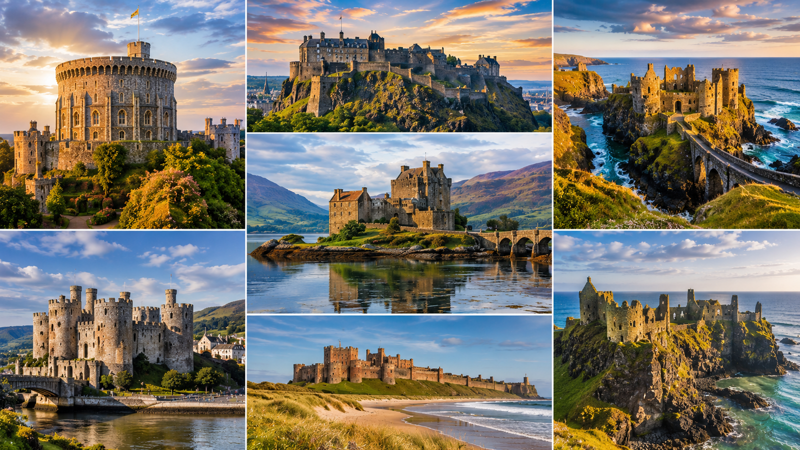 Most beautiful castles in the UK featuring Windsor Castle, Edinburgh Castle, Eilean Donan Castle, Conwy Castle, Bamburgh Castle, and Dunluce Castle surrounded by dramatic landscapes and historic architecture.