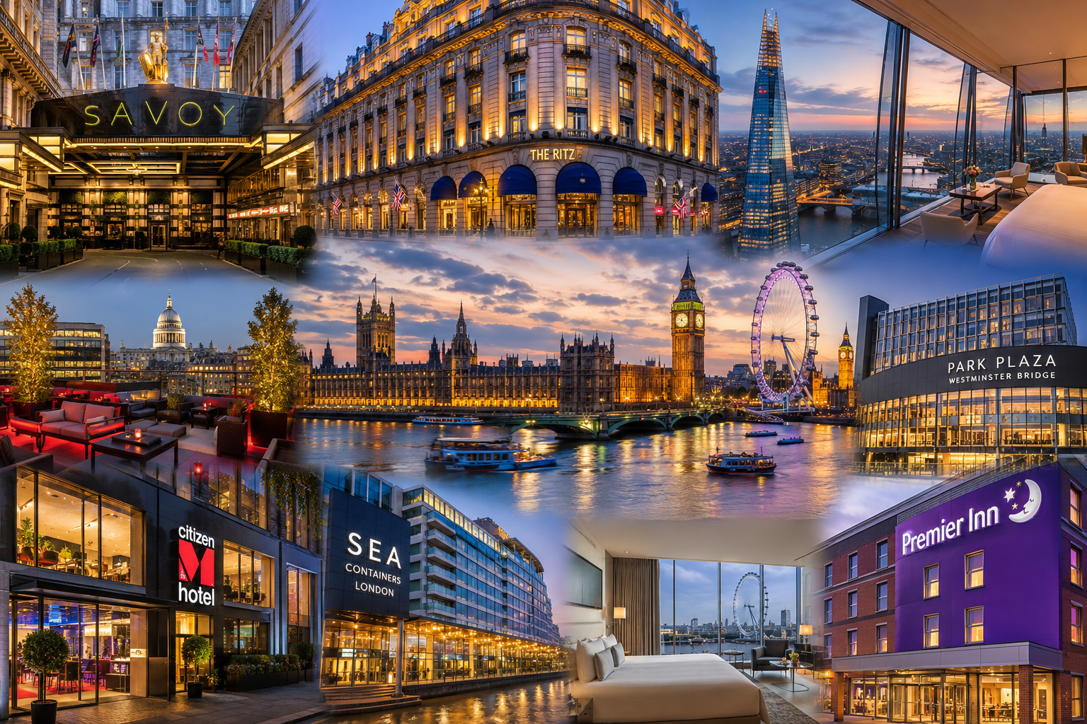 Luxury collage featuring The Savoy, The Ritz London, Shangri-La The Shard, Park Plaza Westminster Bridge, citizenM Tower of London, and London's iconic skyline with Tower Bridge, Big Ben, and the River Thames.