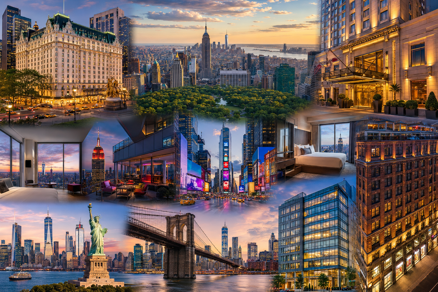Luxury collage featuring The Plaza Hotel, The Langham New York, Conrad New York Downtown, Times Square hotels, Central Park, the Empire State Building, and the Manhattan skyline.