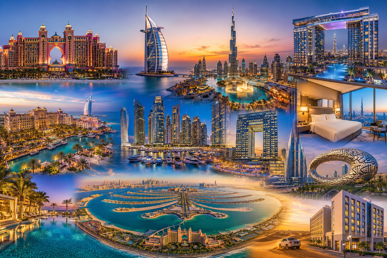 Luxury collage featuring Atlantis The Royal, Burj Al Arab, Armani Hotel Dubai, Palm Jumeirah resorts, Burj Khalifa, Dubai Marina, and the Dubai skyline at sunset.