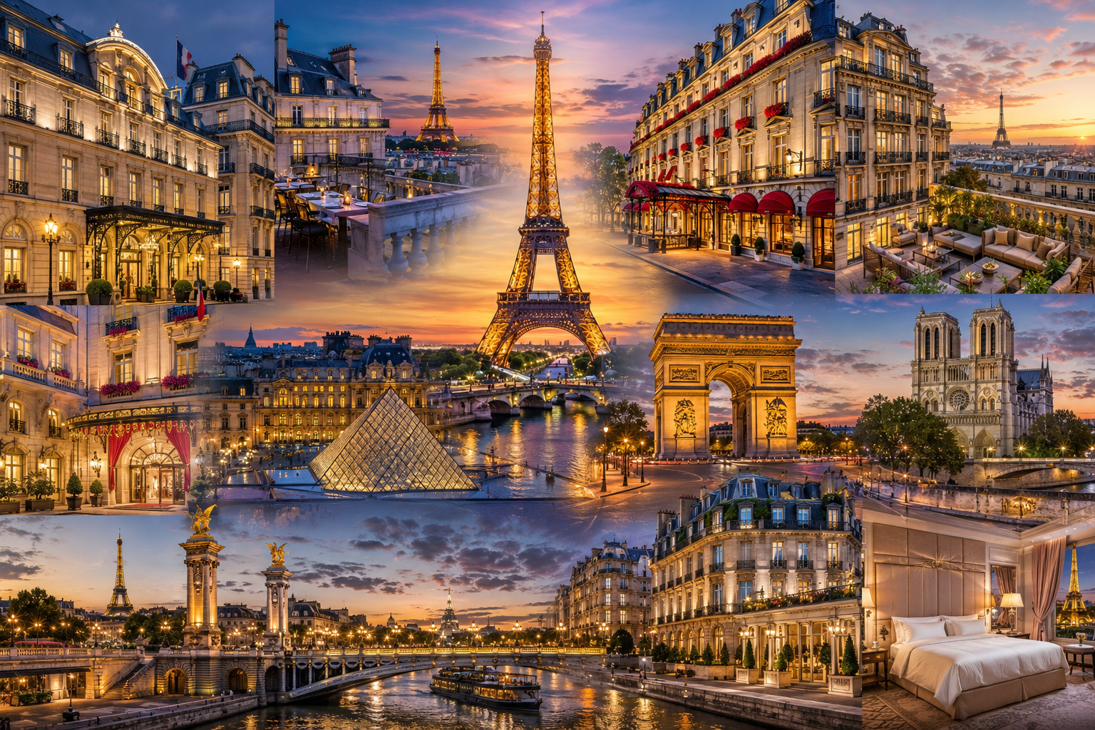 Luxury collage featuring The Ritz Paris, Shangri-La Paris, Four Seasons Hotel George V, Hôtel Plaza Athénée, the Eiffel Tower, the Louvre Museum, the Arc de Triomphe, and the Paris skyline at sunset.