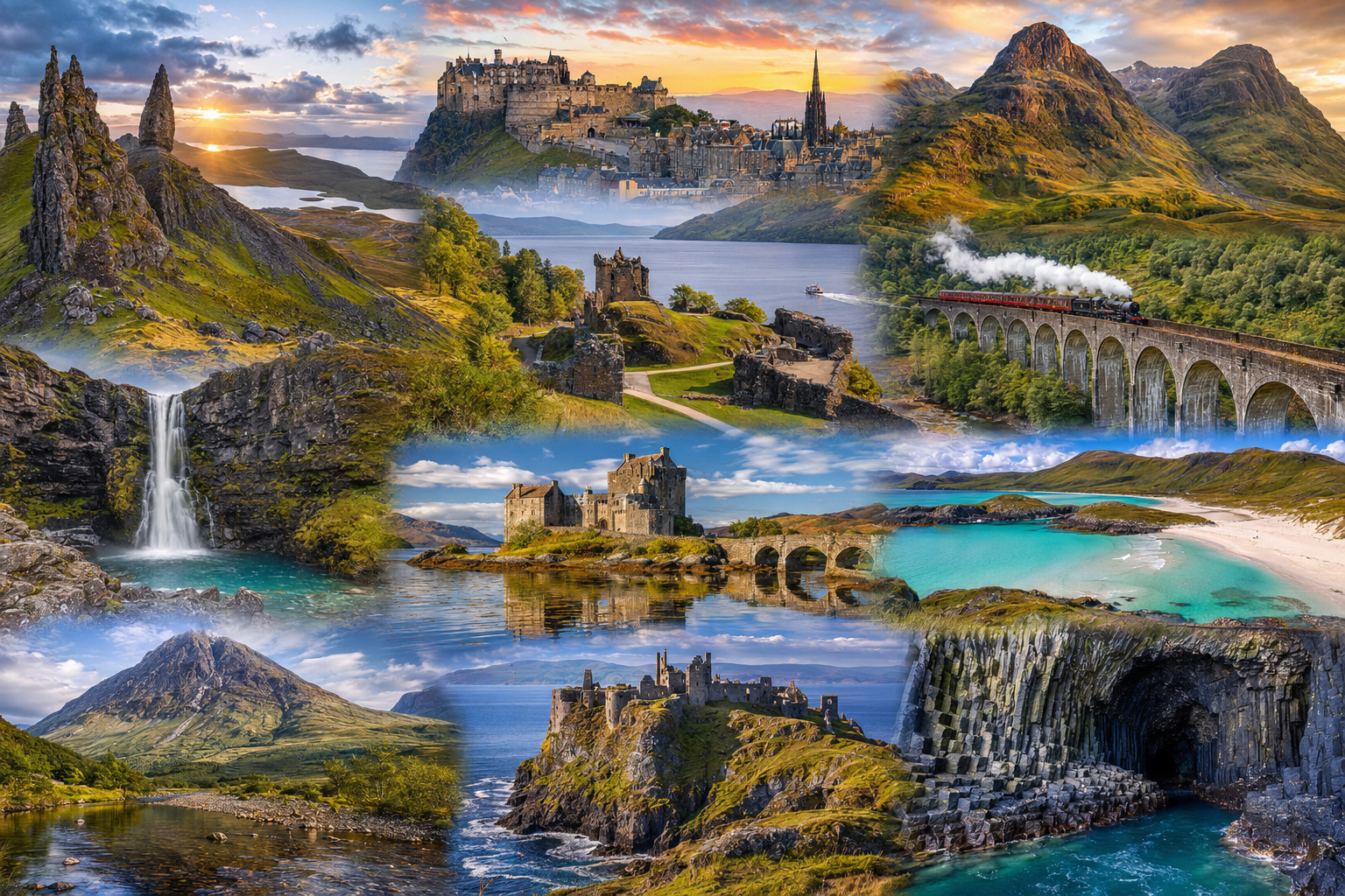 A panoramic collage showcasing Scotland's most beautiful places, including the Isle of Skye, Edinburgh Castle, Glencoe, Loch Ness, Eilean Donan Castle, Glenfinnan Viaduct, Ben Nevis, the North Coast 500, Isle of Harris, and Dunnottar Castle.