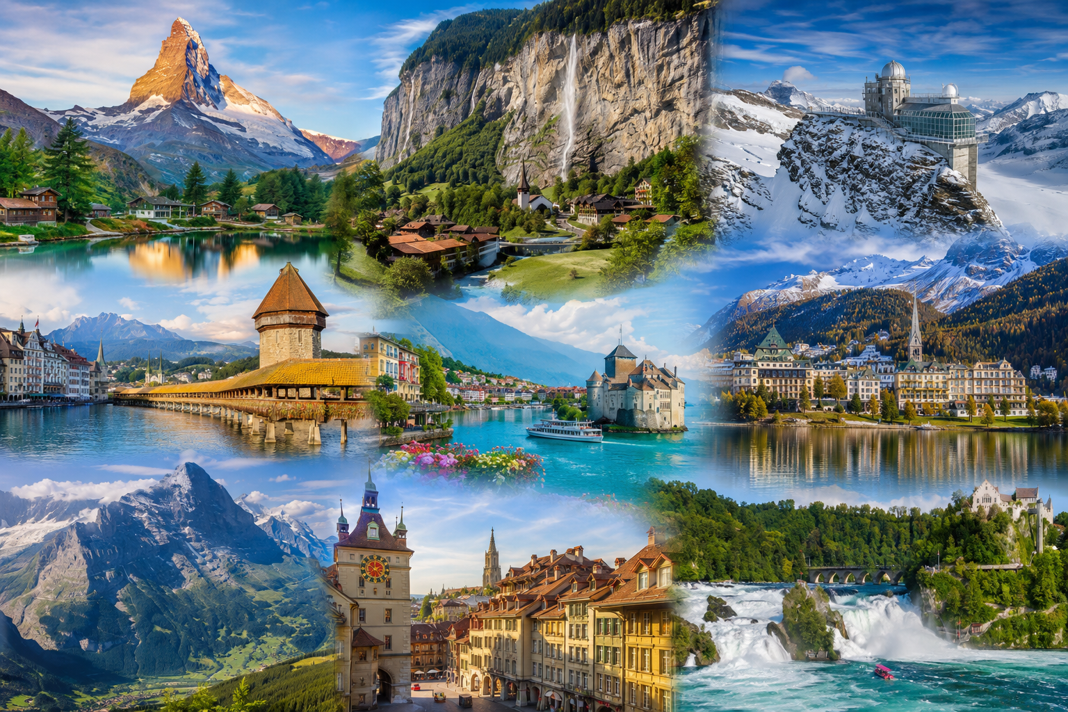 Panoramic collage featuring the Matterhorn in Zermatt, Lauterbrunnen Valley, Jungfraujoch, Interlaken, Lucerne's Chapel Bridge, Lake Geneva, St. Moritz, Grindelwald, Bern Old Town, and Rhine Falls.