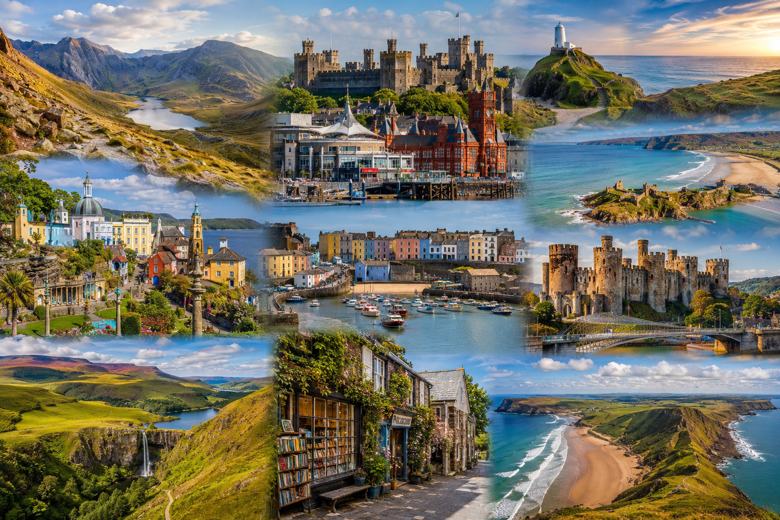 Panoramic collage featuring Snowdonia (Eryri) National Park, Cardiff Castle, Pembrokeshire Coast, Brecon Beacons, Portmeirion, Tenby Harbour, Conwy Castle, Anglesey coastline, Hay-on-Wye, and the Gower Peninsula.
