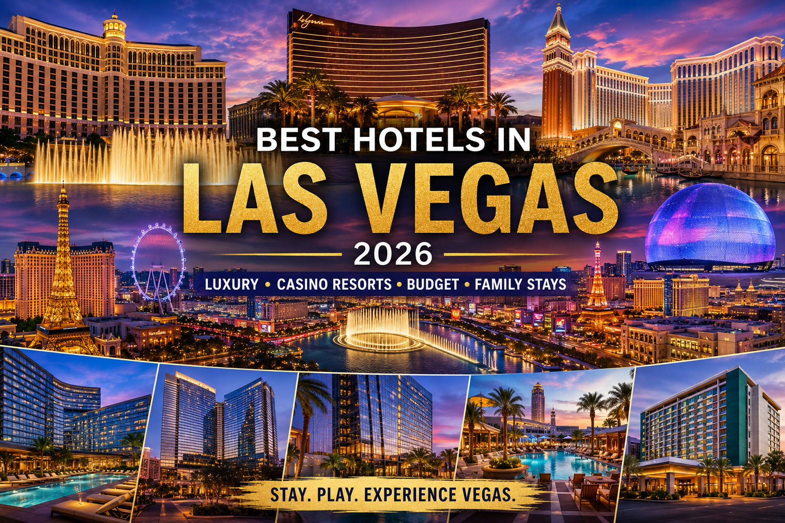 Luxury collage featuring Bellagio, Wynn Las Vegas, The Venetian, ARIA Resort, the Las Vegas Strip, Bellagio Fountains, Sphere, and the Las Vegas skyline at sunset.