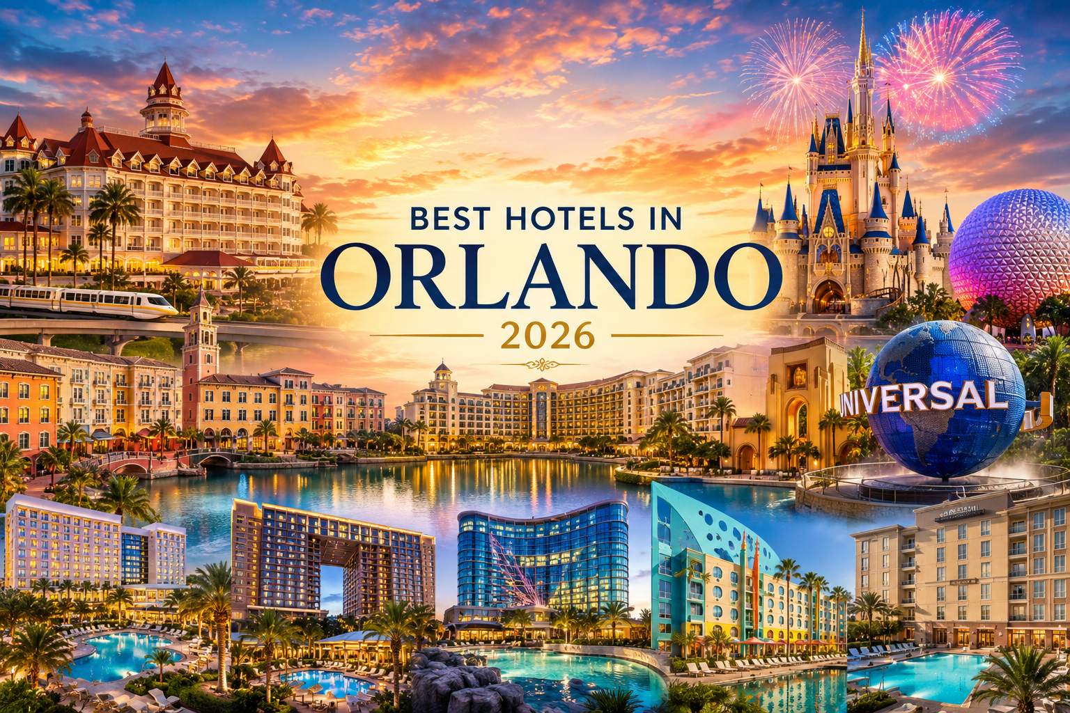 Luxury collage featuring Four Seasons Resort Orlando, Disney's Grand Floridian Resort & Spa, Universal Orlando, Cinderella Castle, EPCOT, Universal Globe, and Orlando's skyline at sunset.