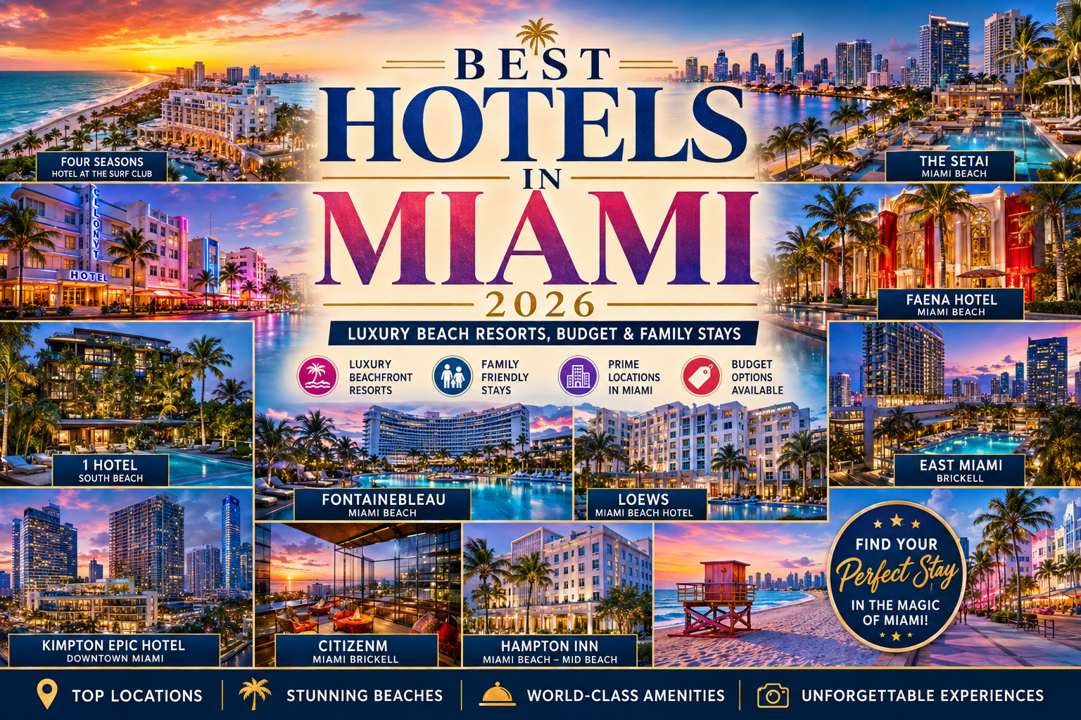 Luxury collage featuring Miami Beach, South Beach skyline, Four Seasons Hotel at The Surf Club, The Setai, Fontainebleau Miami Beach, palm trees, turquoise ocean, and the Miami skyline at sunset.