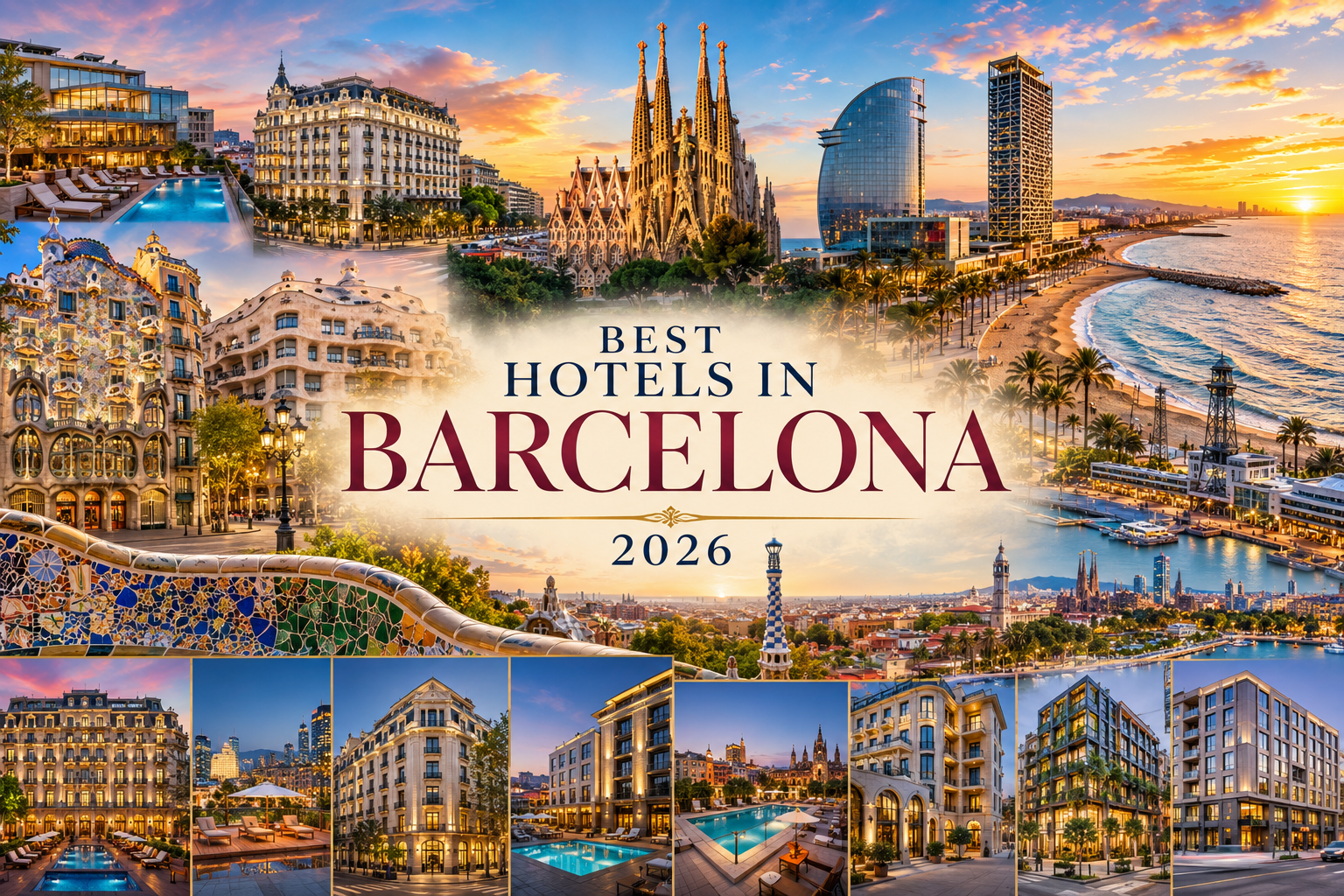 Luxury collage featuring W Barcelona, Hotel Arts Barcelona, the Sagrada Família, Passeig de Gràcia, Barceloneta Beach, and the Barcelona skyline at sunset.
