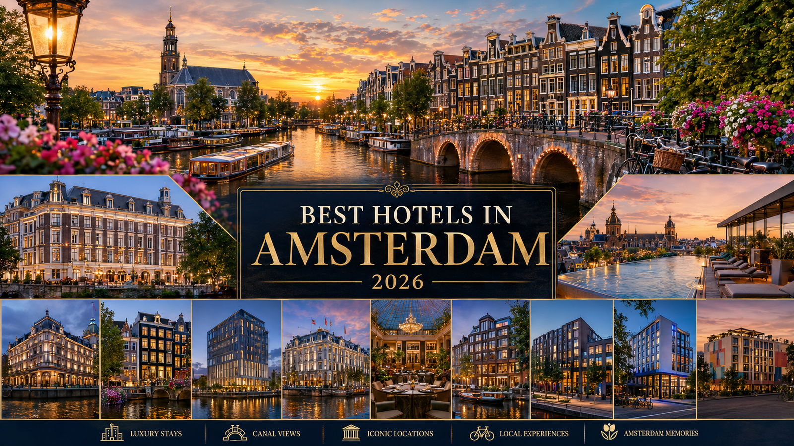 Luxury collage featuring Amsterdam canal houses, Waldorf Astoria Amsterdam, Pulitzer Amsterdam, Conservatorium Hotel, bicycles, canal bridges, and the city's skyline at sunset.