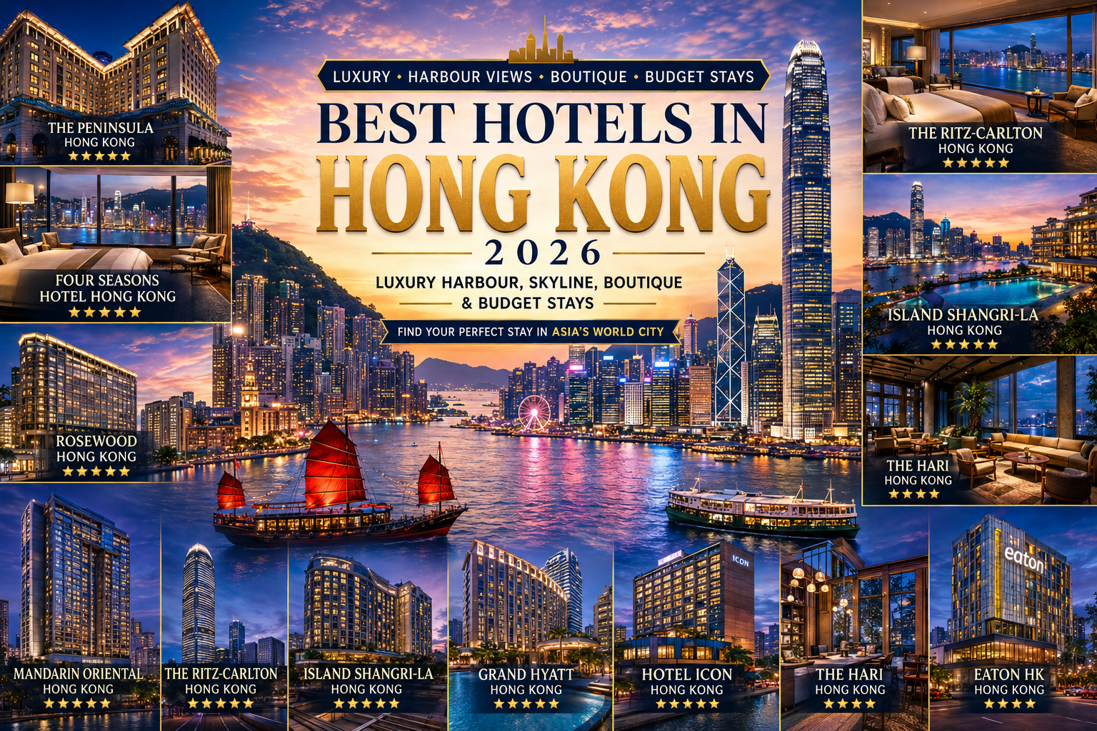 Luxury collage featuring Hong Kong's skyline, Victoria Harbour, The Peninsula Hong Kong, Four Seasons Hotel Hong Kong, Rosewood Hong Kong, Star Ferry, and illuminated skyscrapers at sunset.