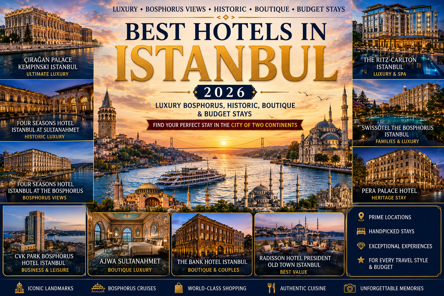 Luxury collage featuring Istanbul's Bosphorus waterfront, Çırağan Palace Kempinski, Four Seasons Sultanahmet, Hagia Sophia, Blue Mosque, Bosphorus Bridge, and the city skyline at sunset.
