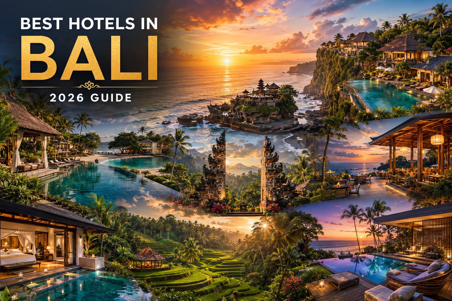 Luxury collage featuring Bali's beachfront resorts, cliff-top villas, jungle retreats, rice terraces, infinity pools, temples, and tropical coastline at sunset.