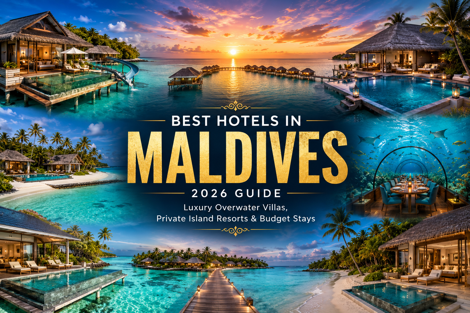 Luxury collage featuring the Maldives' iconic overwater villas, turquoise lagoons, white-sand beaches, private island resorts, and spectacular sunsets.