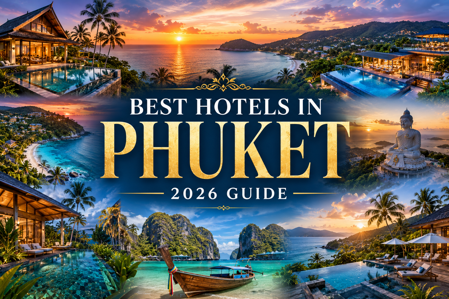 Luxury collage featuring Phuket's best beachfront resorts, private pool villas, infinity pools, tropical beaches, limestone cliffs, and stunning Andaman Sea sunsets.