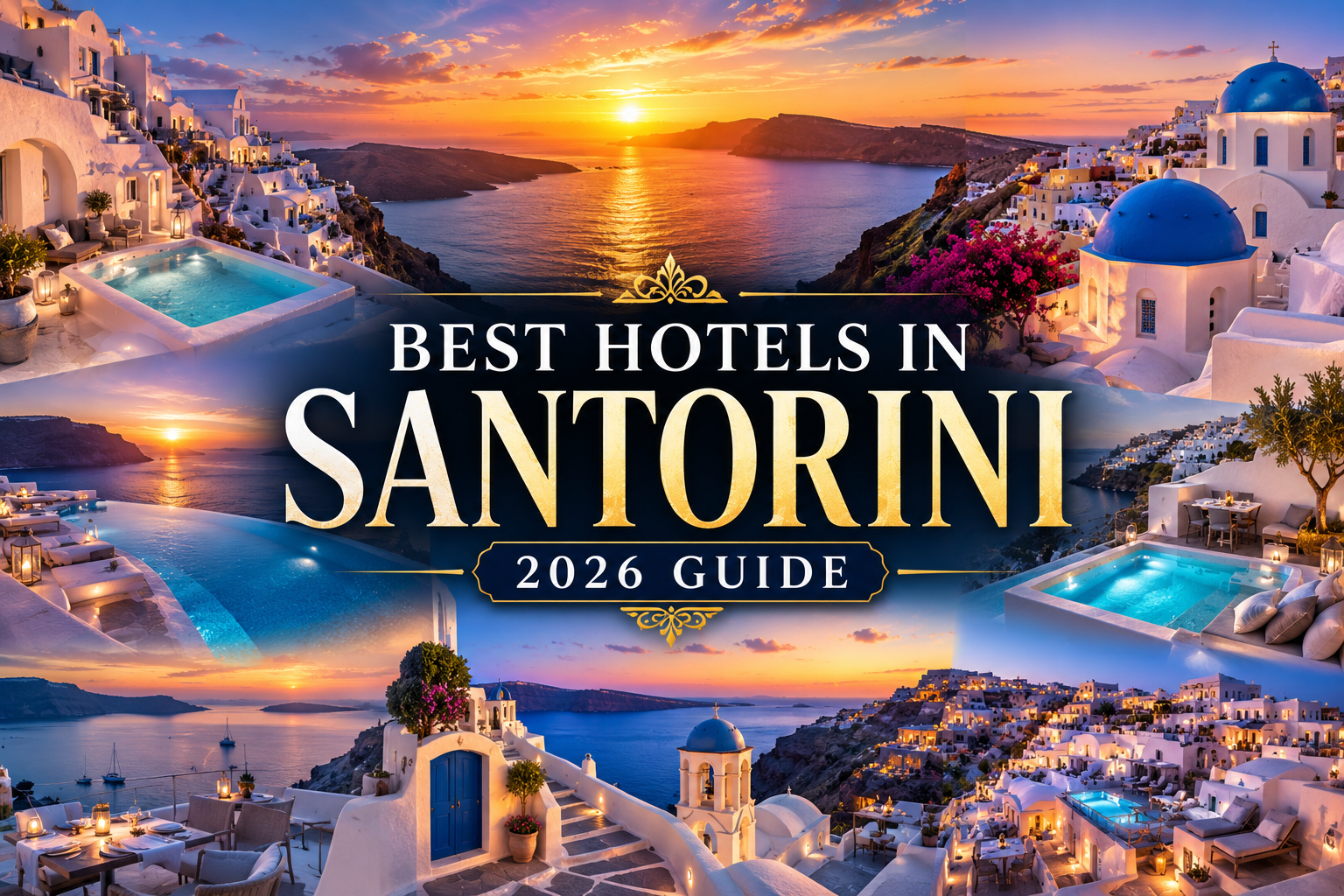 Luxury collage featuring Santorini's iconic whitewashed cave hotels, blue-domed churches, infinity pools, dramatic caldera cliffs, and breathtaking Aegean Sea sunsets.