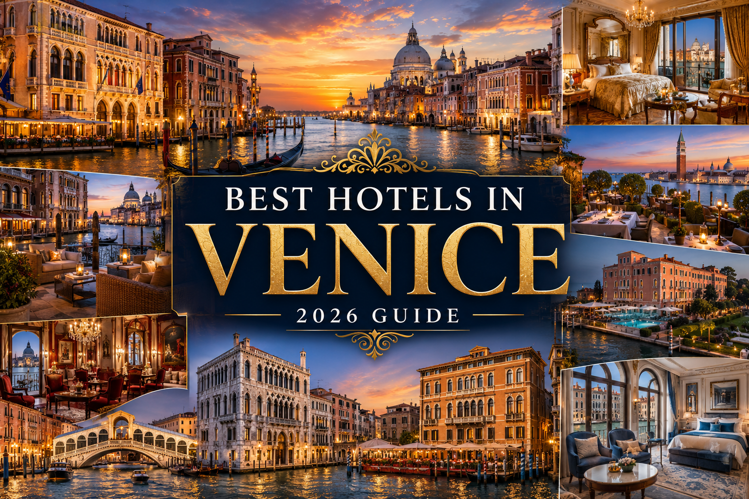 Luxury collage showcasing Venice's Grand Canal, gondolas, historic palaces, elegant luxury hotels, Rialto Bridge, and St. Mark's Basilica at sunset.