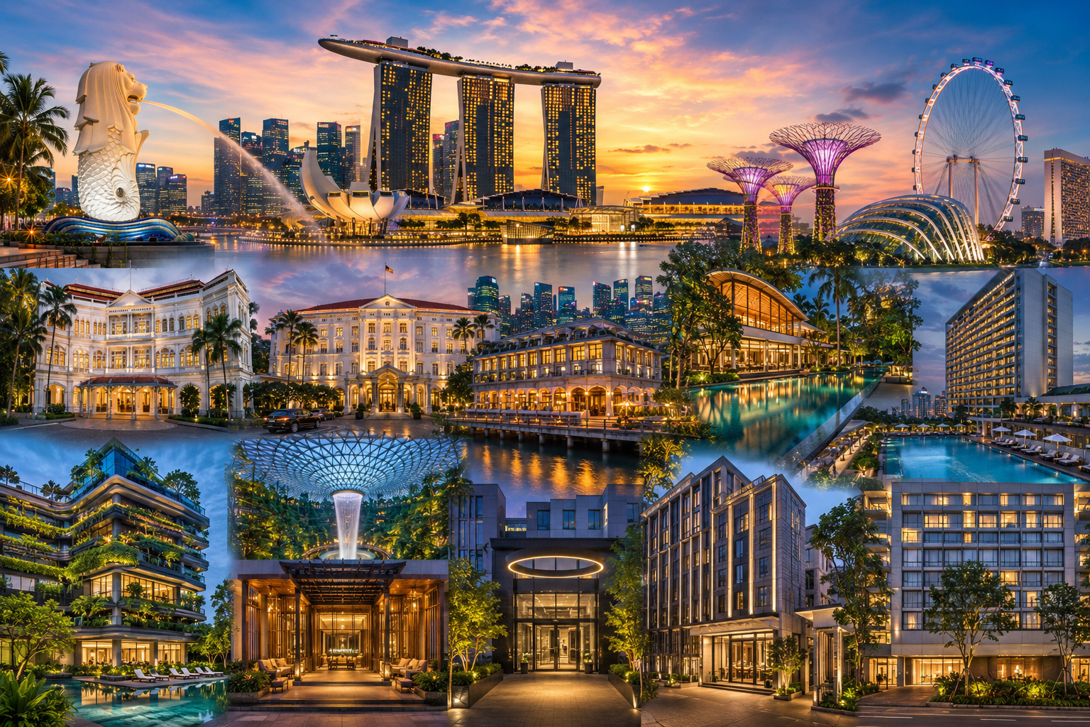 Luxury collage featuring Marina Bay Sands, Raffles Singapore, Capella Singapore, The Fullerton Bay Hotel, Gardens by the Bay, Merlion, Singapore Flyer, and the Marina Bay skyline at sunset.