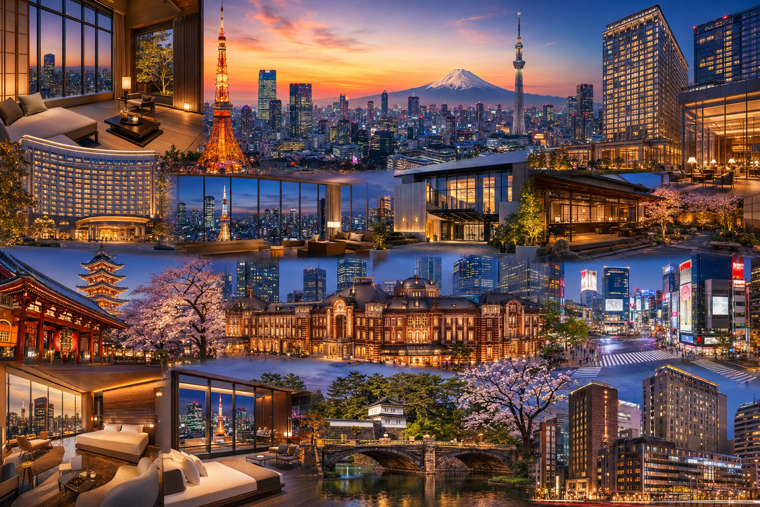 Luxury collage featuring Aman Tokyo, The Ritz-Carlton Tokyo, Park Hyatt Tokyo, Tokyo Tower, Tokyo Skytree, Shibuya Crossing, and the Tokyo skyline at sunset.