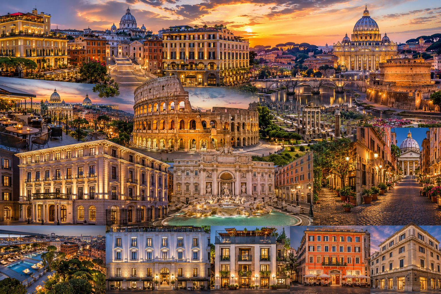 Luxury collage featuring Hotel de Russie, Hassler Roma, Palazzo Manfredi, the Colosseum, Trevi Fountain, St. Peter's Basilica, and Rome's historic skyline at sunset.