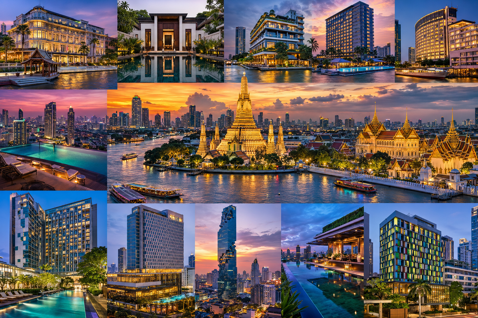 Luxury collage featuring Bangkok's top hotels, the Chao Phraya River, Wat Arun, Grand Palace, ICONSIAM, rooftop infinity pools, and the Bangkok skyline at sunset.