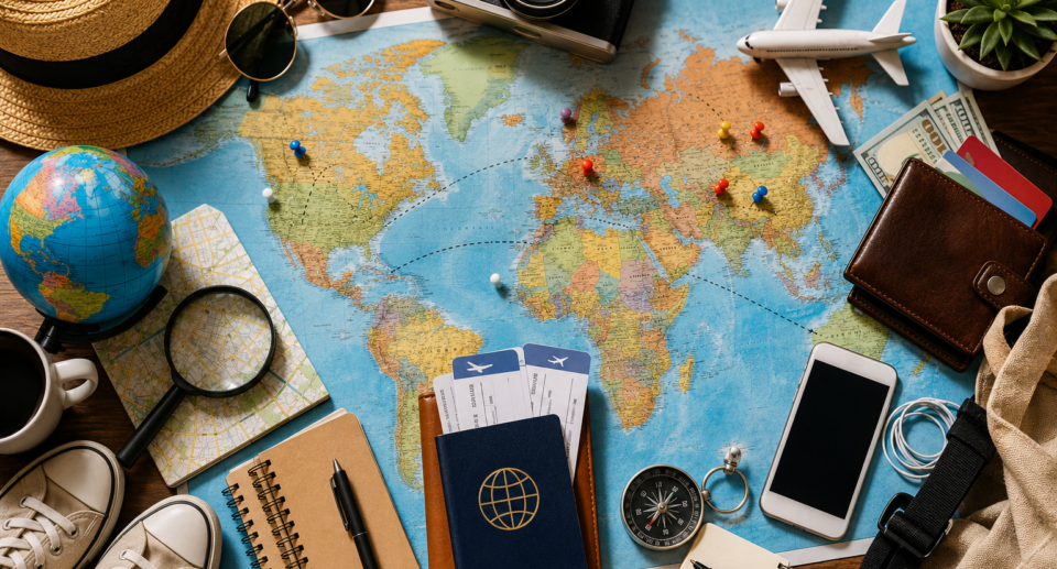 **Alt Text:** Flat lay of international travel essentials arranged around a world map, including a passport, boarding passes, camera, airplane model, wallet with cash and cards, smartphone, compass, notebook, sunglasses, sneakers, coffee, globe, magnifying glass, and travel bag.